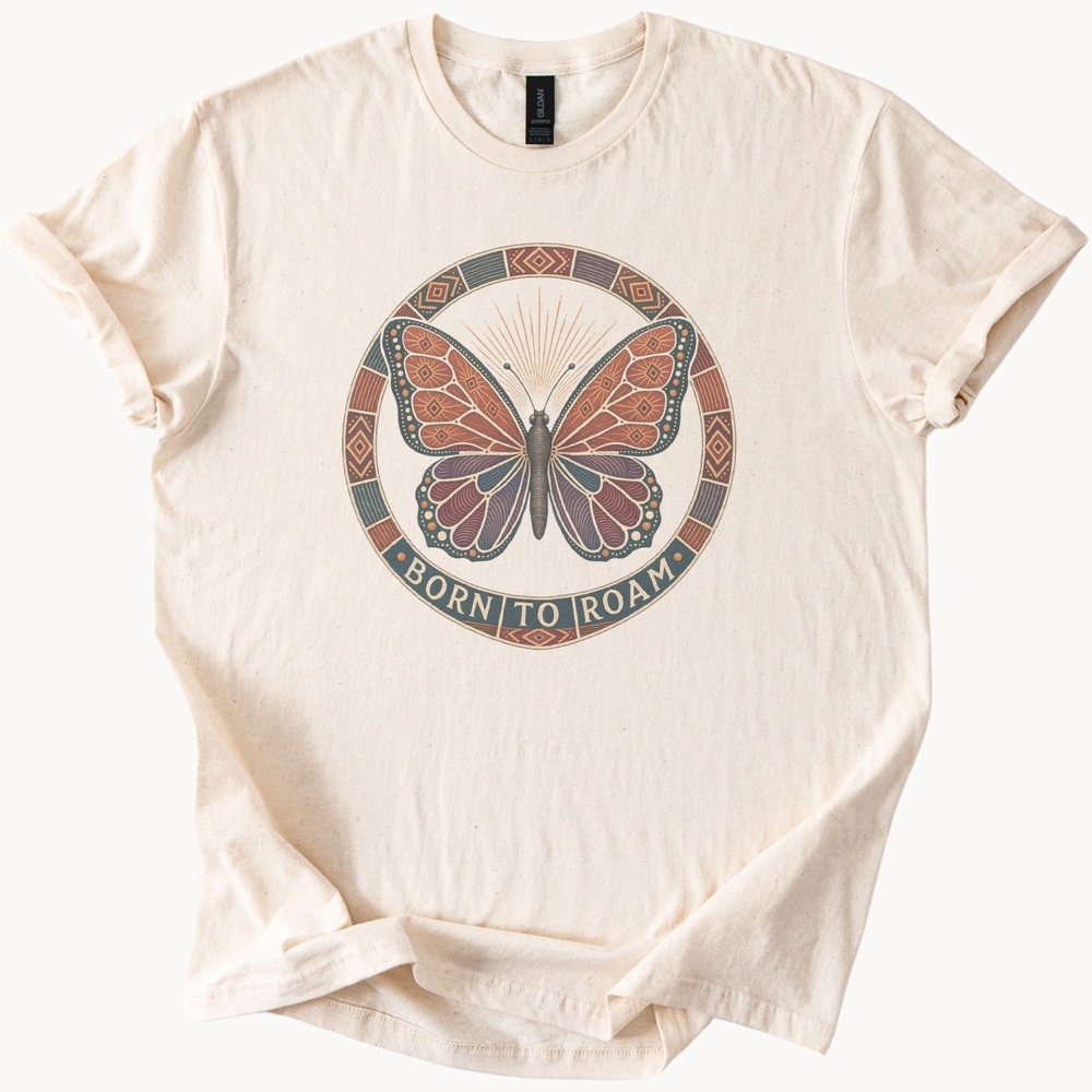 Born to Roam Butterfly Woodblock Style Graphic Tee